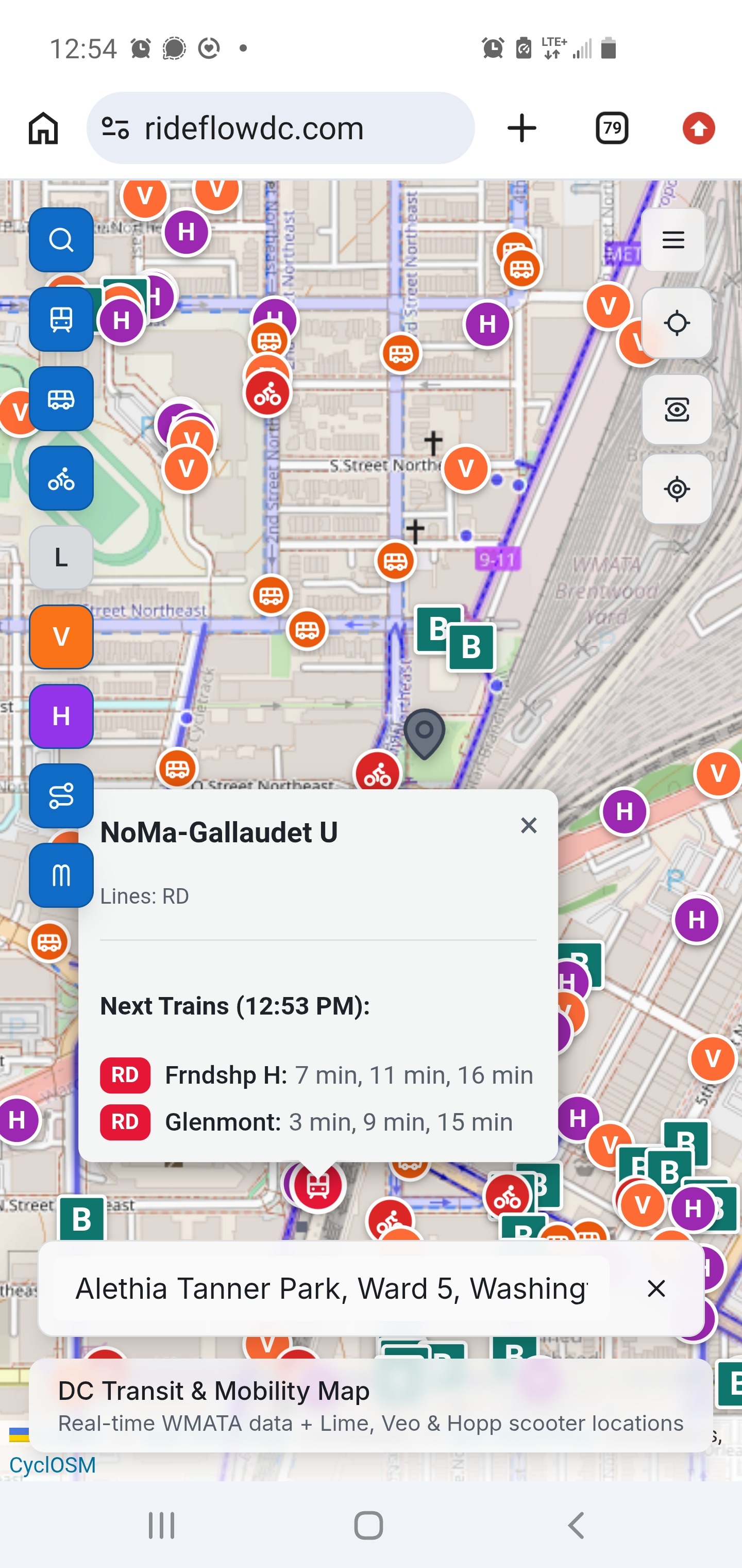 RideFlow DC map on a phone showing transit, scooter, and bike icons with next train times for NoMa-Gallaudet U