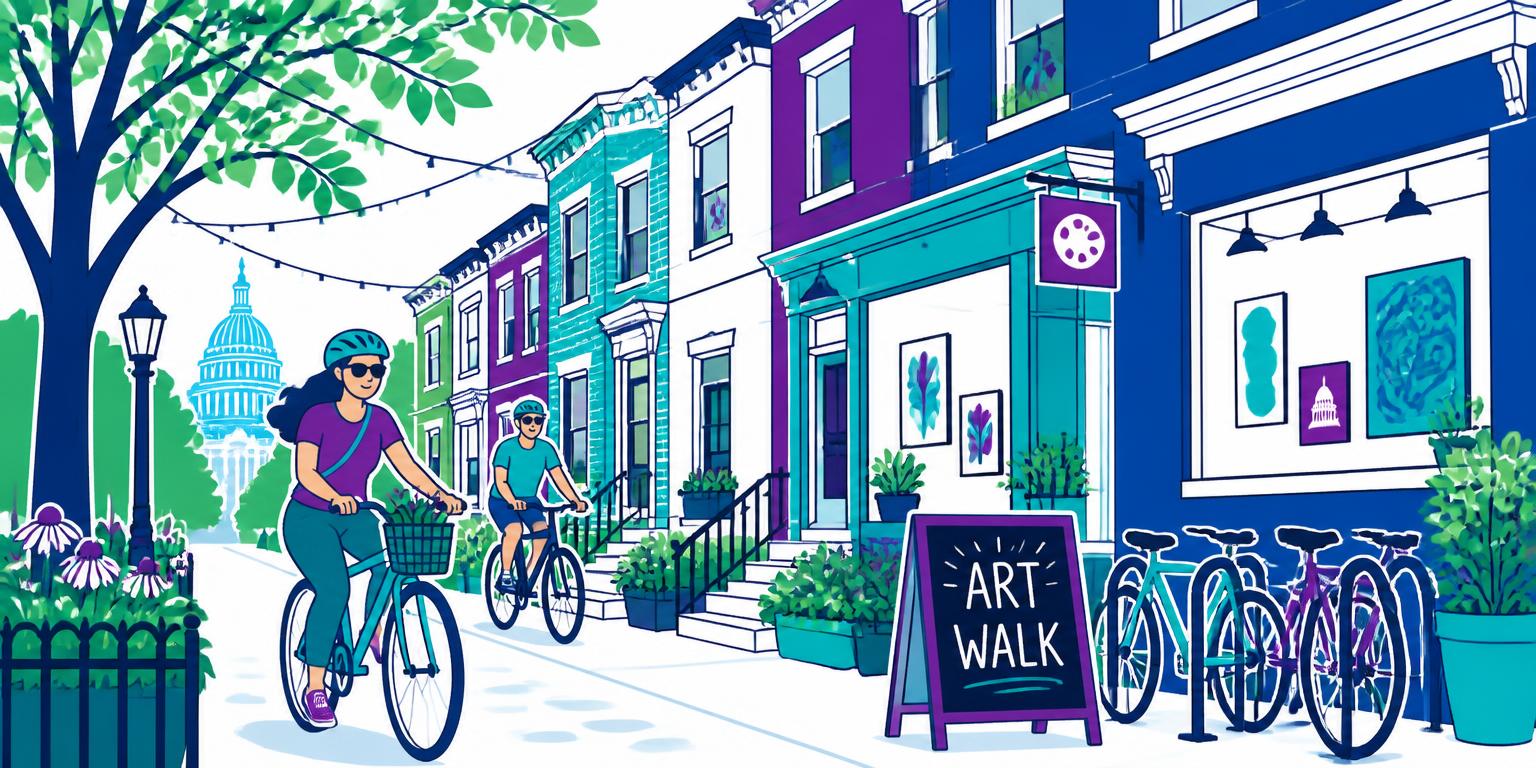 Illustration of two cyclists riding past colorful DC rowhouses toward an Art Walk sign and bike racks